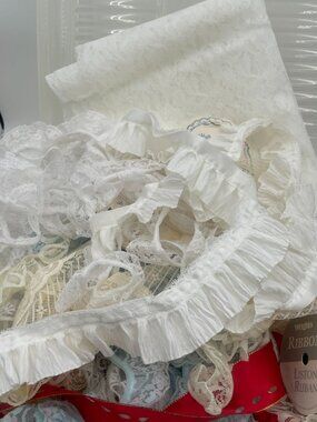 Large Lot of Lace Trim Ribbon Red White Beige Fabric Netting Lace pieces